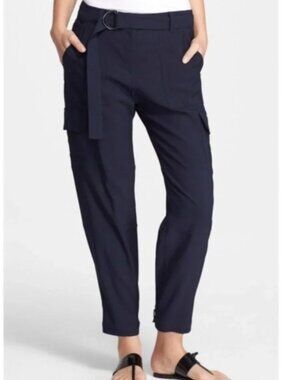Theory Pants Women 4 Navy Cargo Belted Tapered Stretch Minimalist Chic